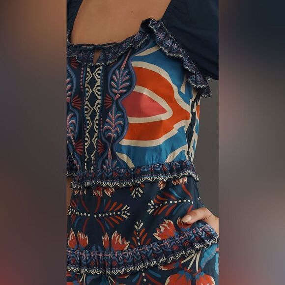 NWT Farm Rio x Anthropologie Puff-Sleeve Ruffled Floral Romper - Picture 4 of 4